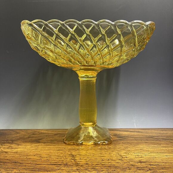 LE Smith Footed Trellis Square Compote Bowl Vase Weave Yellow Glass LARGE‎ 8.5"H - Picture 2 of 14